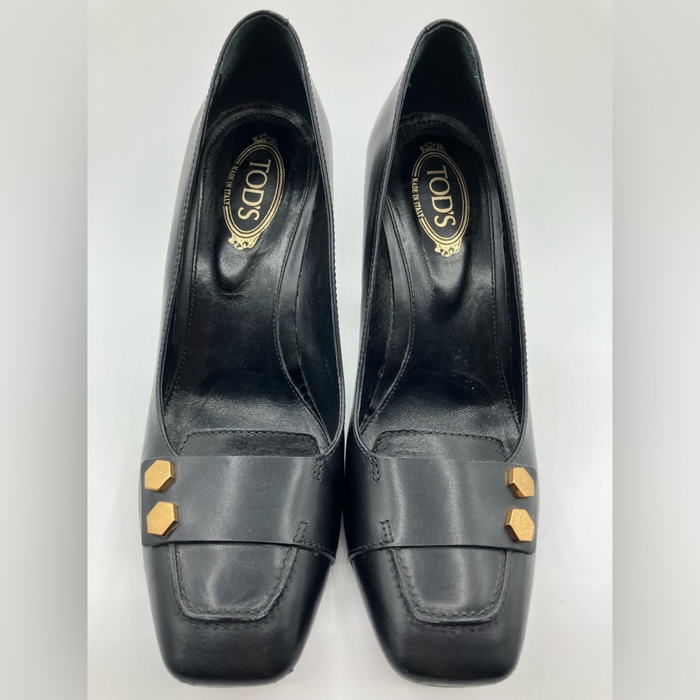 Tod`s Black Leather Square Toe Heels Size 35/5 - Picture 5 of 13